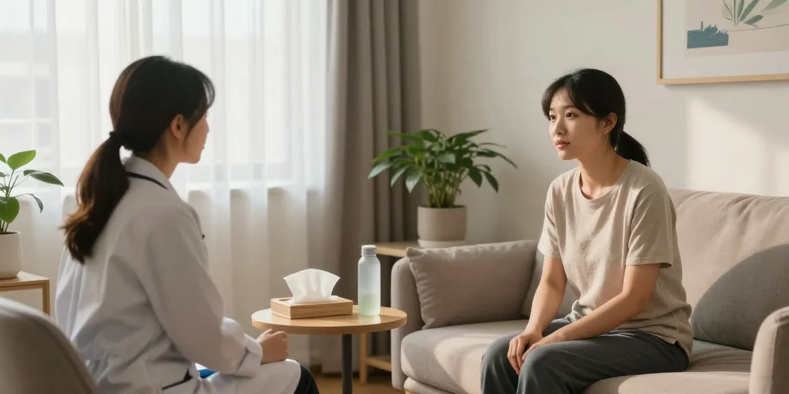 Therapist with patient discussing 抑鬱症 in a calming therapy room filled with soothing decor.