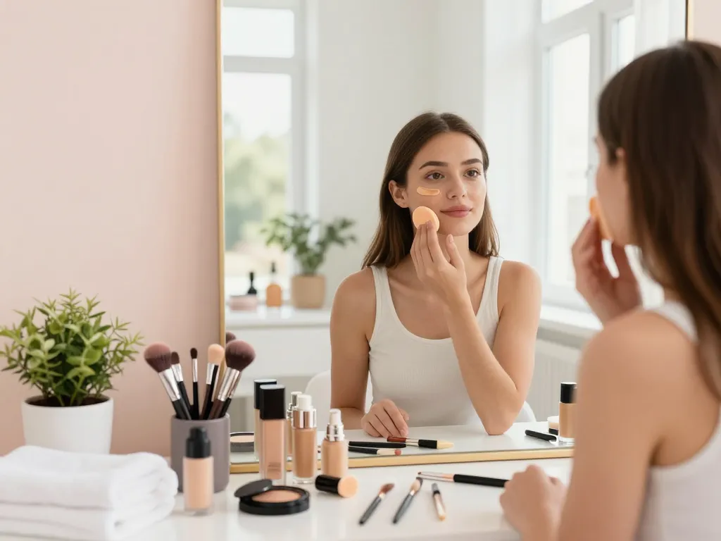 Applying the best foundation for oily skin in a bright beauty studio.