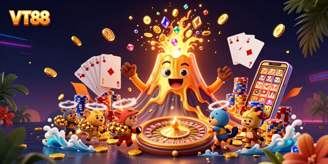 Experience winning moments with VT88 as the golden volcano erupts treasures in a vibrant casino scene.