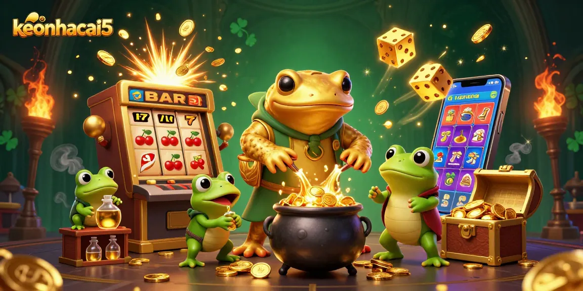 Spin the reels and win with keonhacai5 in this vibrant casino illustration full of excitement.