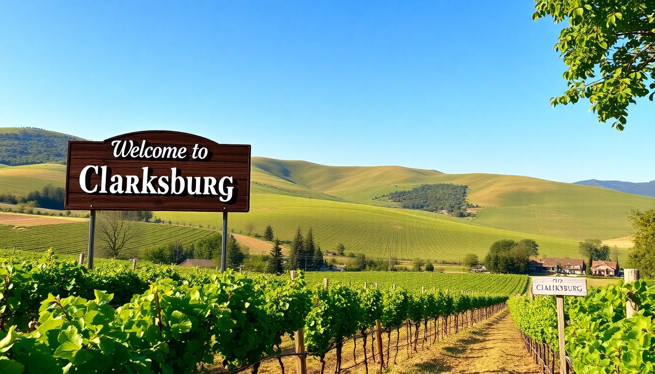 Discover the scenic beauty of Clarksburg, California, with lush vineyards and rolling hills under a clear sky.
