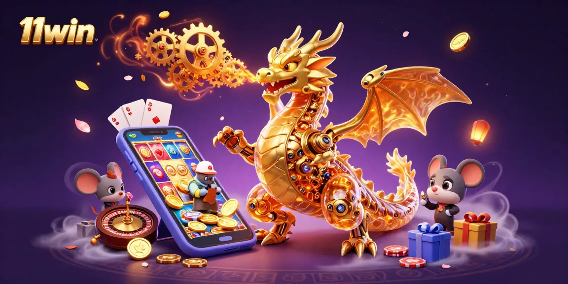Engage with 11win's thrilling games featuring a golden dragon and dynamic casino elements.