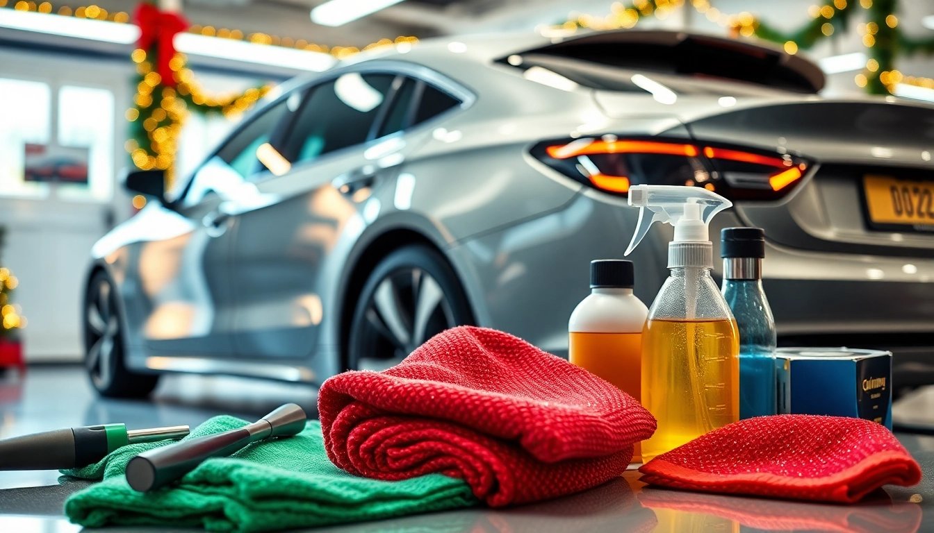 Gift of Christmas car detailing gift showcased with festive decorations and professional tools.