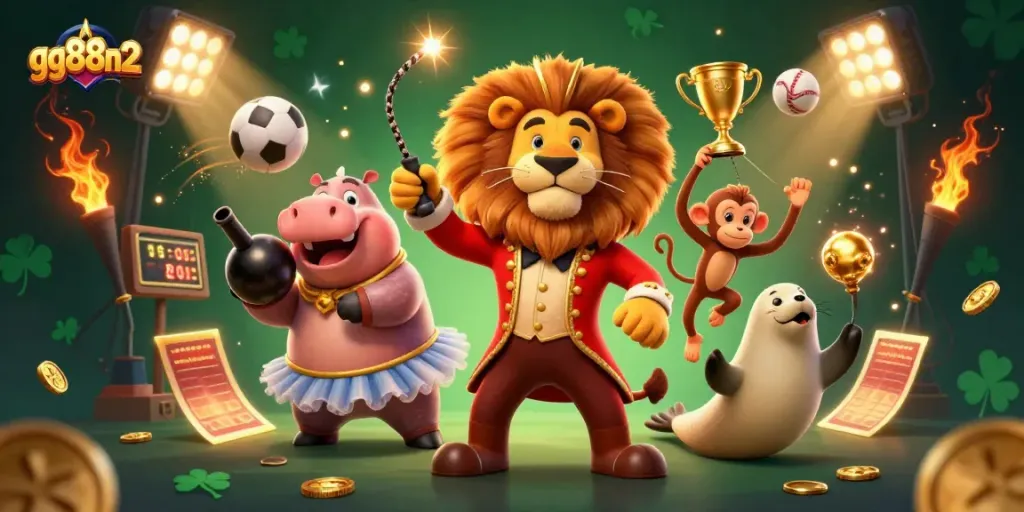 Engage with gg88n2's thrilling casino world featuring a vibrant circus scene and dynamic gambling elements.