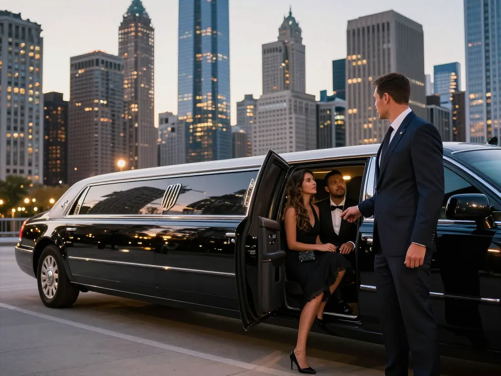 Limo company Plainfield IL offering luxury transportation in Chicago with professional chauffeur and elegant couples.