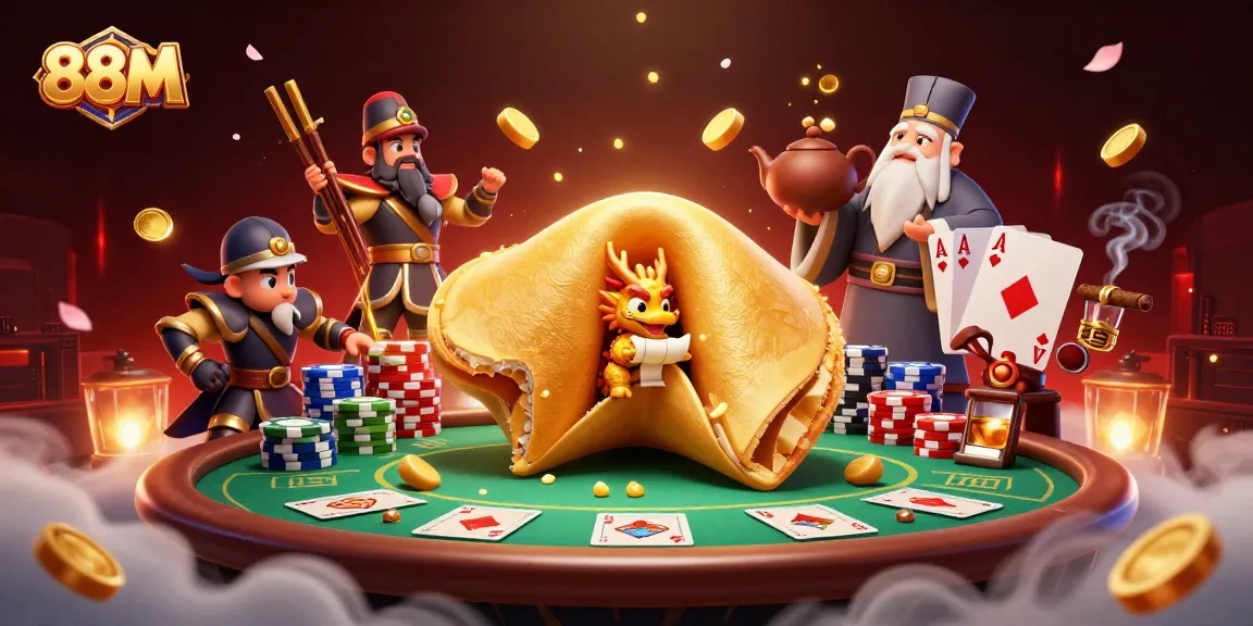 Engage with 88M's vibrant 3D casino scene featuring a golden fortune cookie and poker elements.