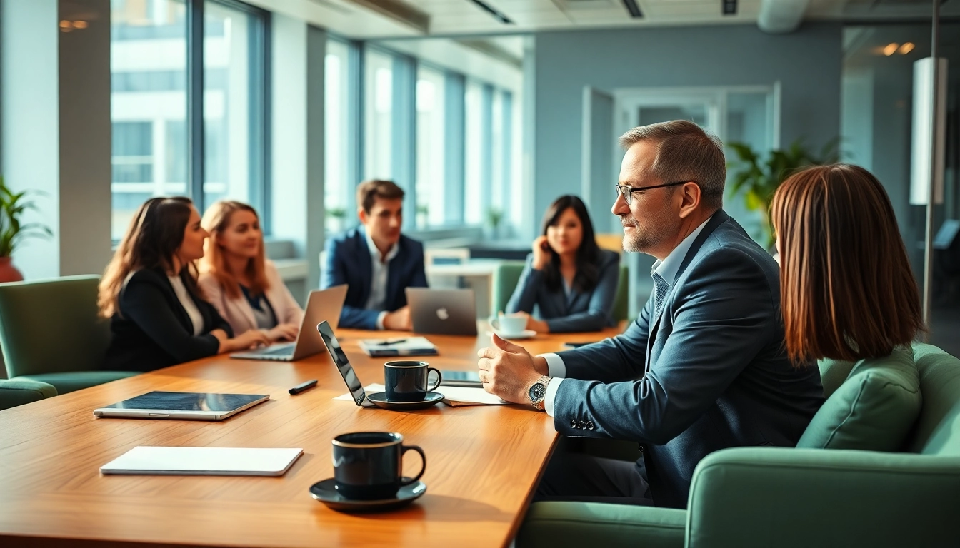Engaging session with a business coach near me assisting clients in a modern office.