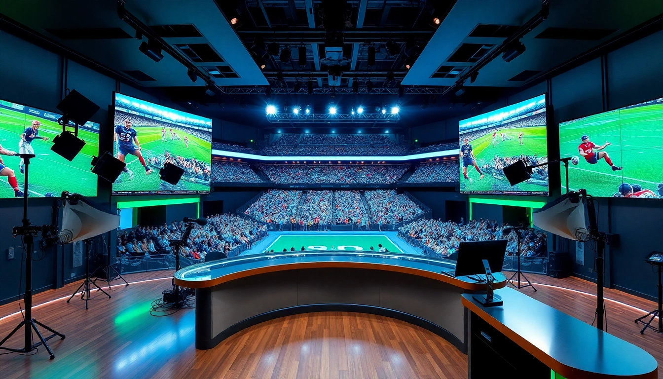 Engaging sports broadcasting set showcasing multiple screens and a professional anchor during a live event.