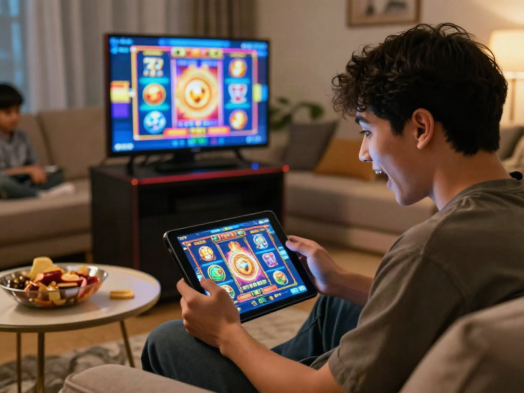 Player enjoying a situs slot game on a tablet in a cozy living room, illuminated by the screen's glow.