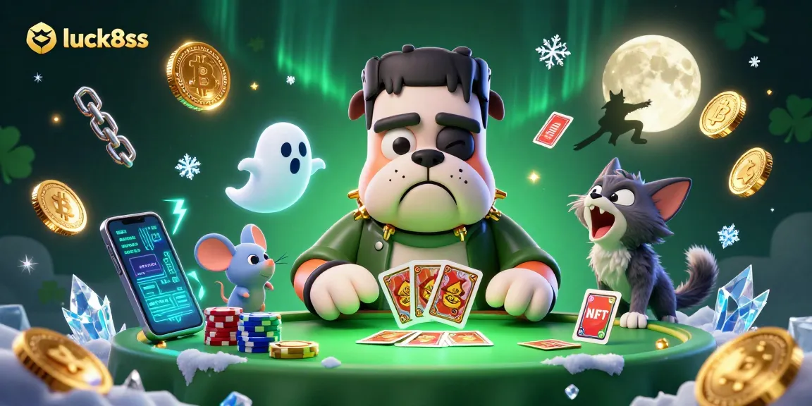 Experience luck8ss gameplay with a Frankenstein bulldog dealer amidst crypto chaos in this vibrant casino scene.