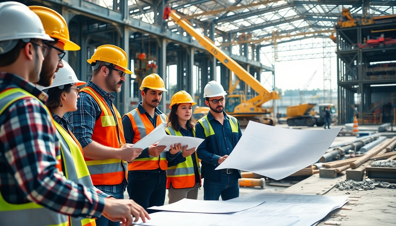 Engineers conducting construction assessment testing at a vibrant site with blueprints and equipment.