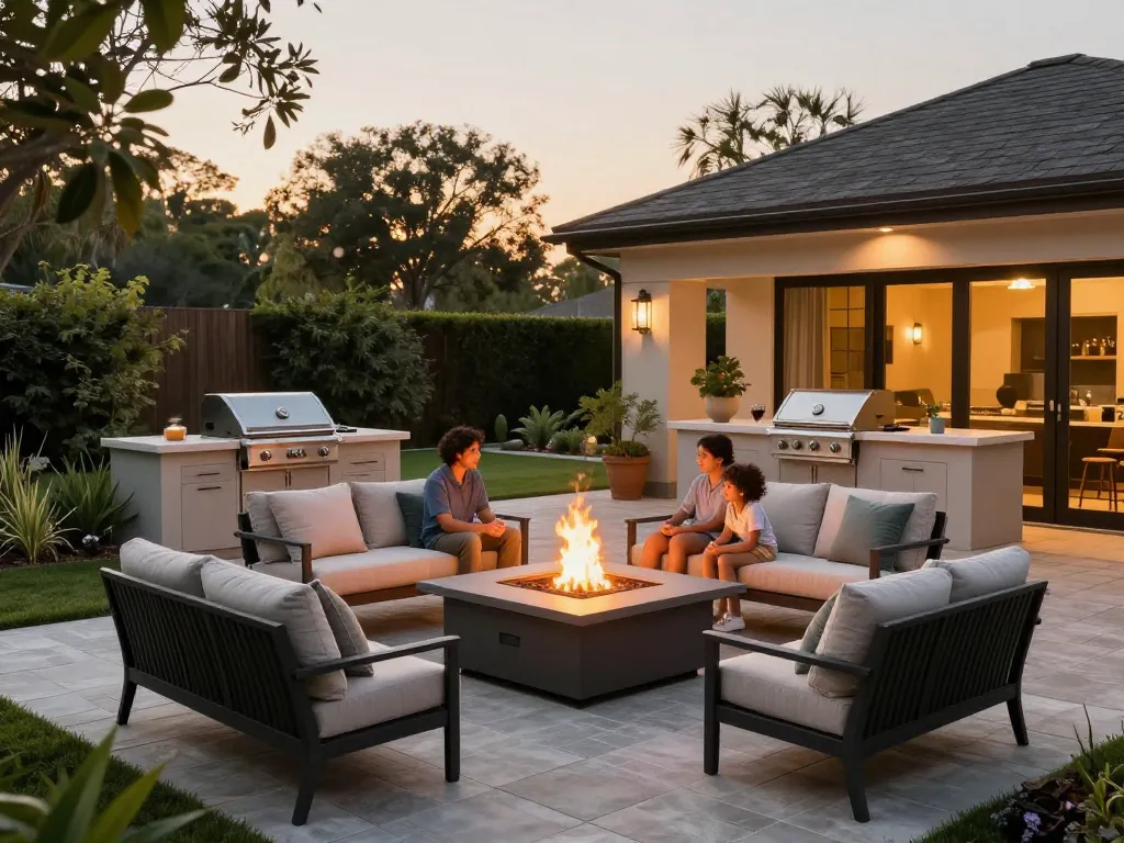 Luxurious paver patio setting with family enjoying fire pit, ideal for paver companies near me.