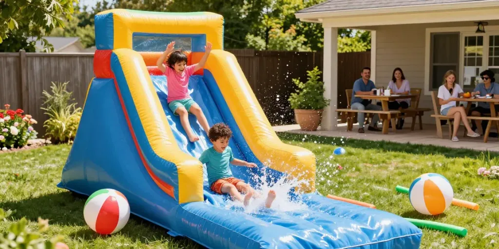 Children enjoying a colorful water slide in a sunny backyard.