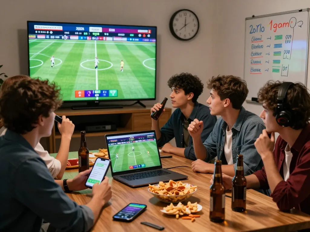 Friends engaging with 1gom while watching live football, showcasing betting excitement.