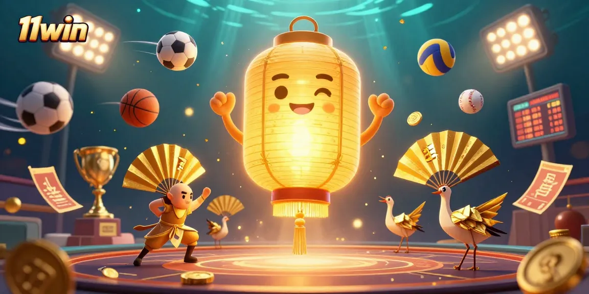Engage with 11win's thrilling gaming ambiance, where a golden lantern spirit illuminates excitement.