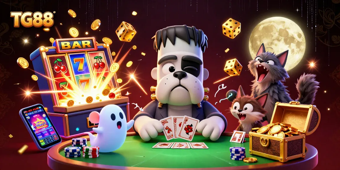 Join TG88's thrilling casino experience with vibrant characters playing cards and winning jackpots.