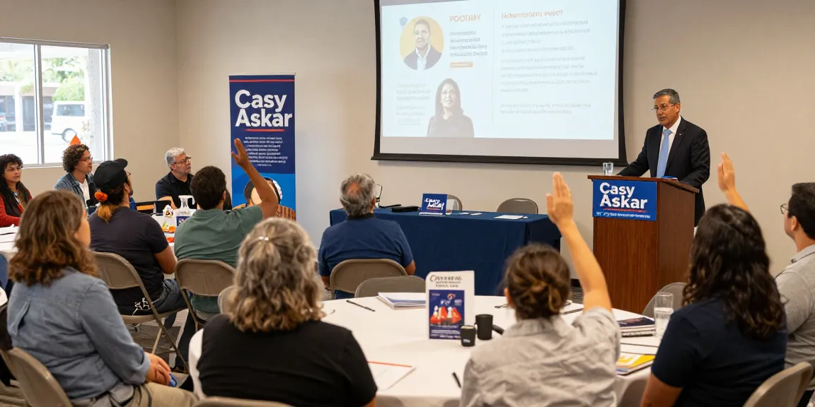 Community engagement with Casey Askar at town hall meeting, showcasing voter interaction.