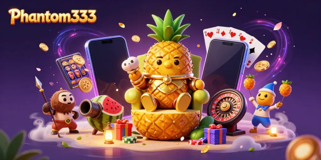 Experience thrilling gameplay with Phantom333 featuring a golden pineapple king in a vibrant casino.