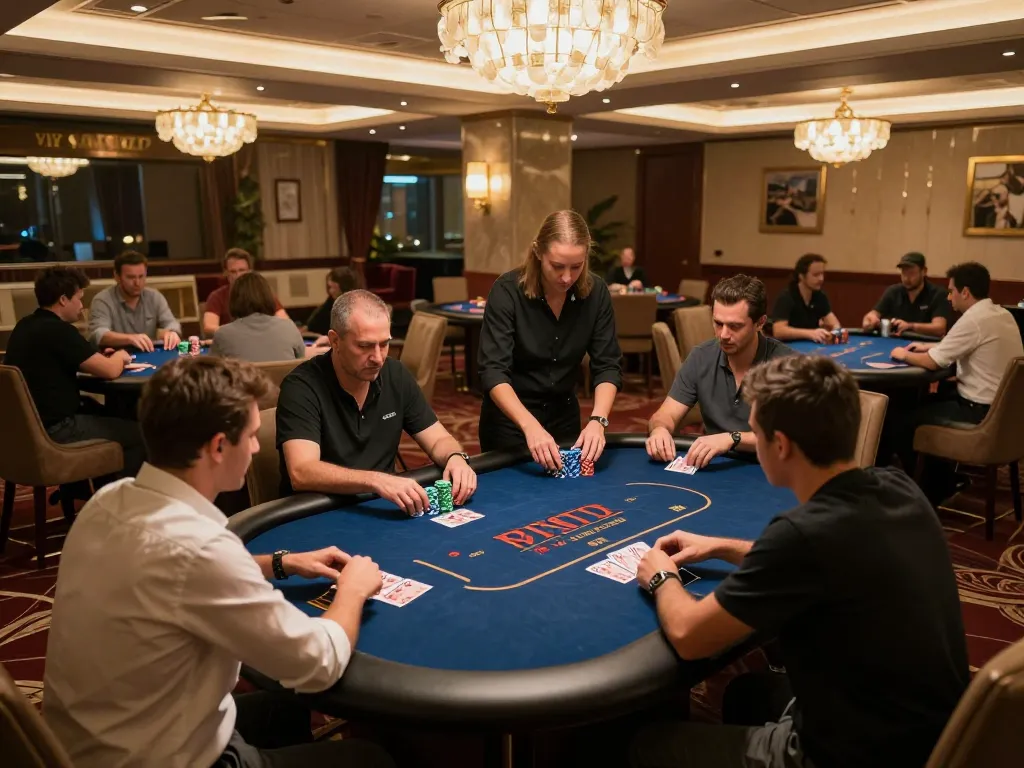 Players enjoy high-stakes poker at FC88's exclusive VIP gaming table, showcasing luxury and excitement.