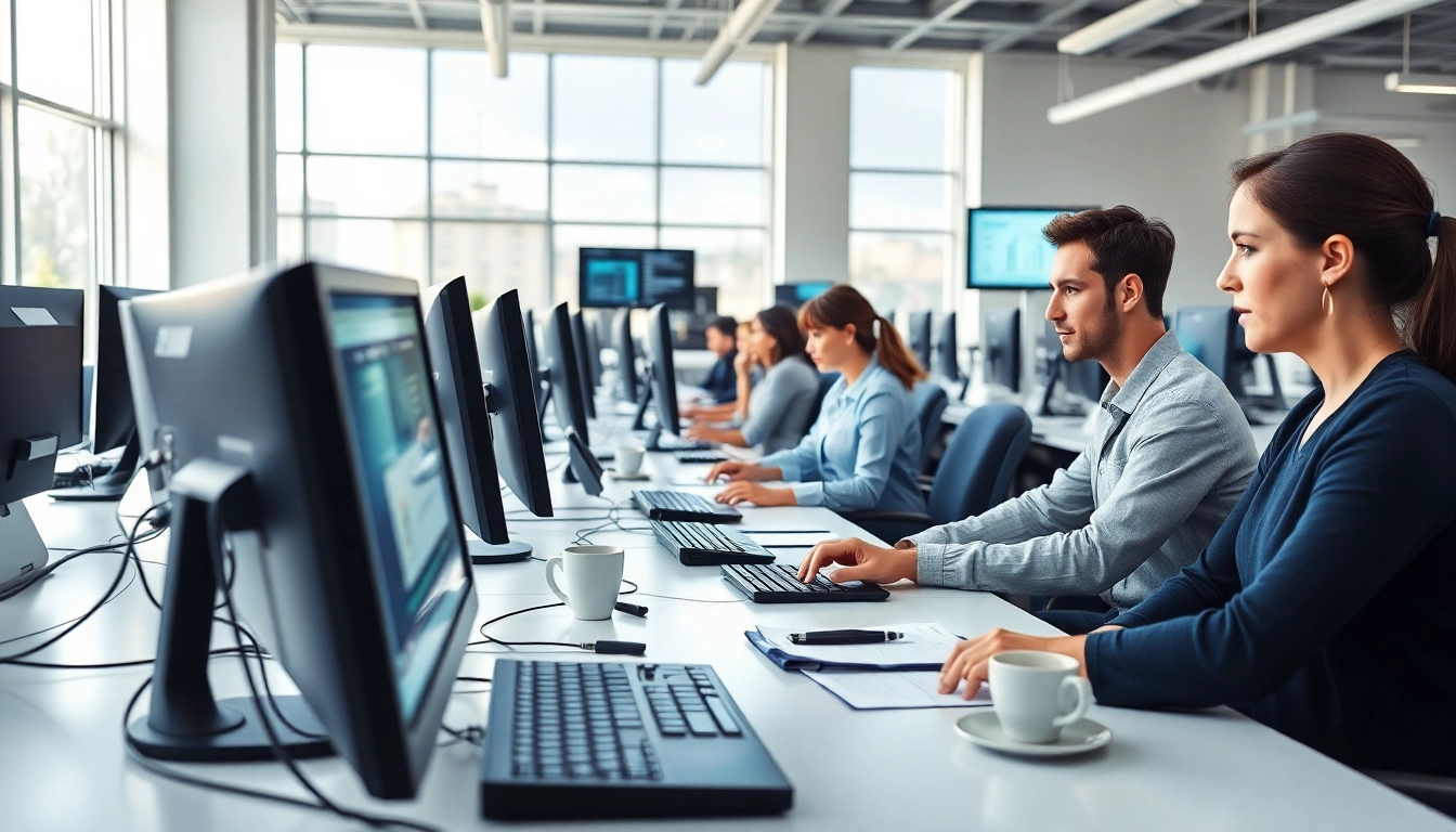 Typing Center with dedicated employees working on modern computers and bright lighting.