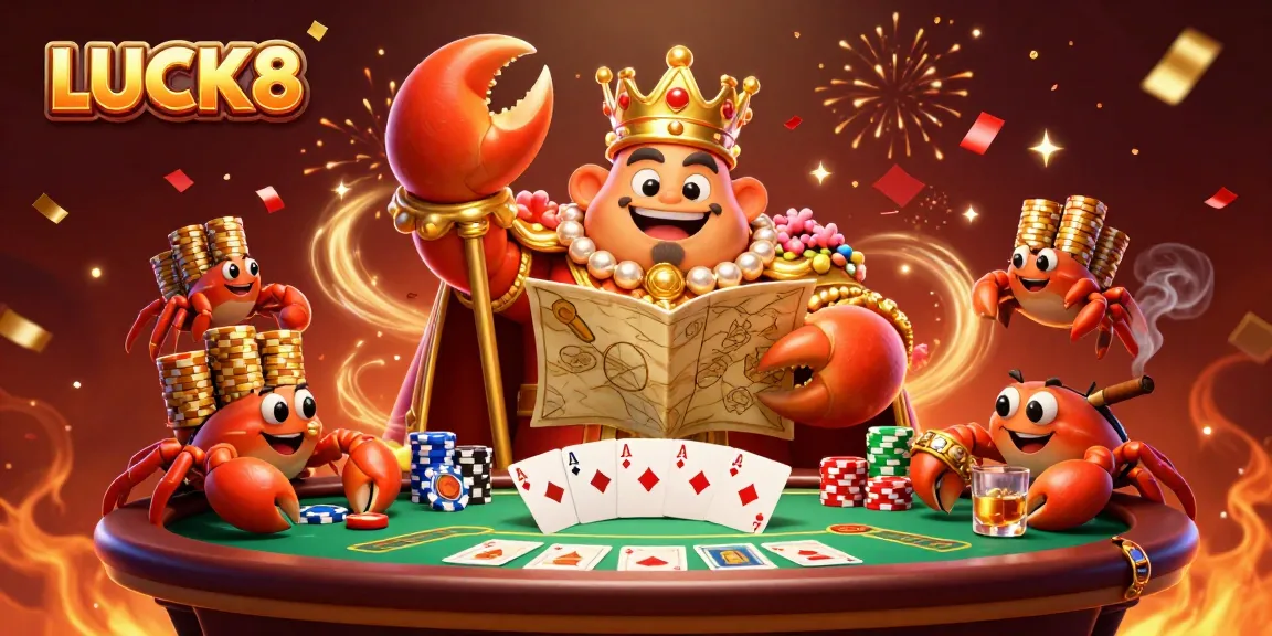 LUCK8 engages players with a vibrant casino scene featuring a golden crab emperor and poker elements.