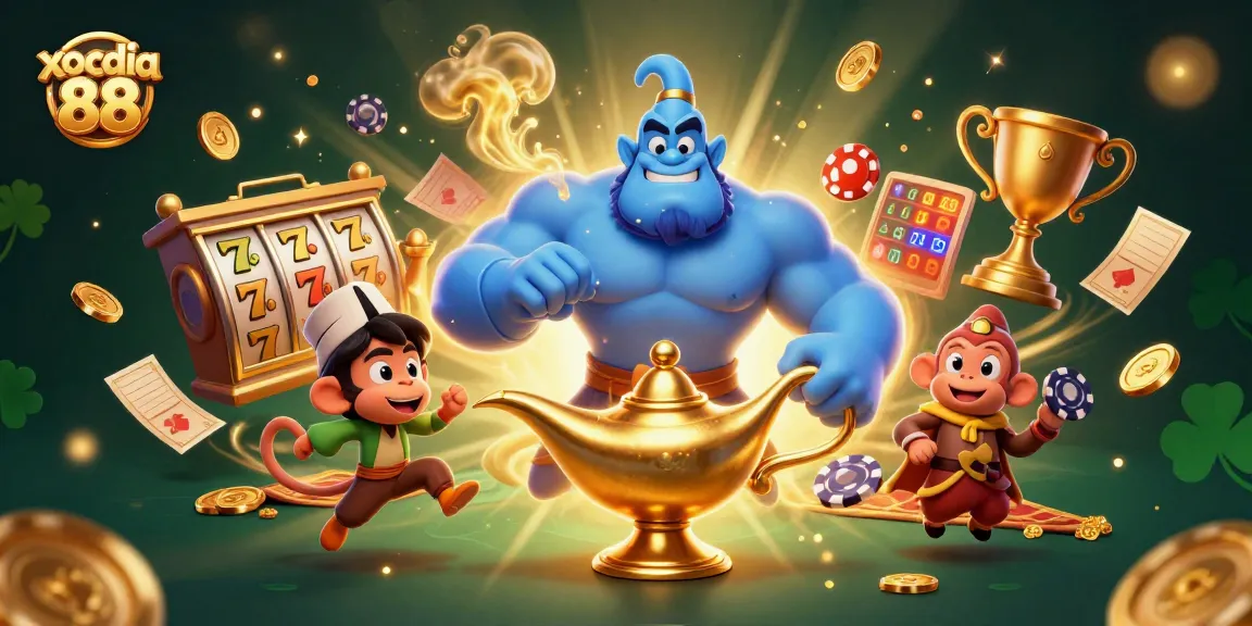 Xocdia 88 features a dynamic casino scene with a blue genie, poker chips, and slot machines.