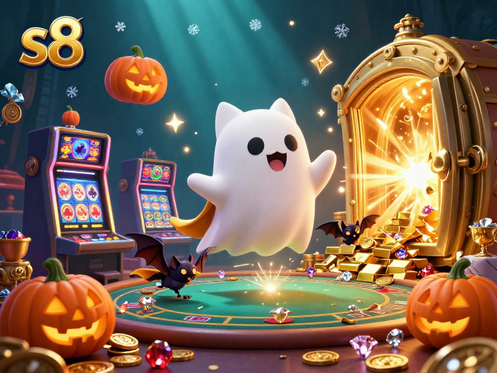 The s8 platform immerses players in a spectacular casino experience with a ghost cat and vampire bat in a vibrant Halloween theme.