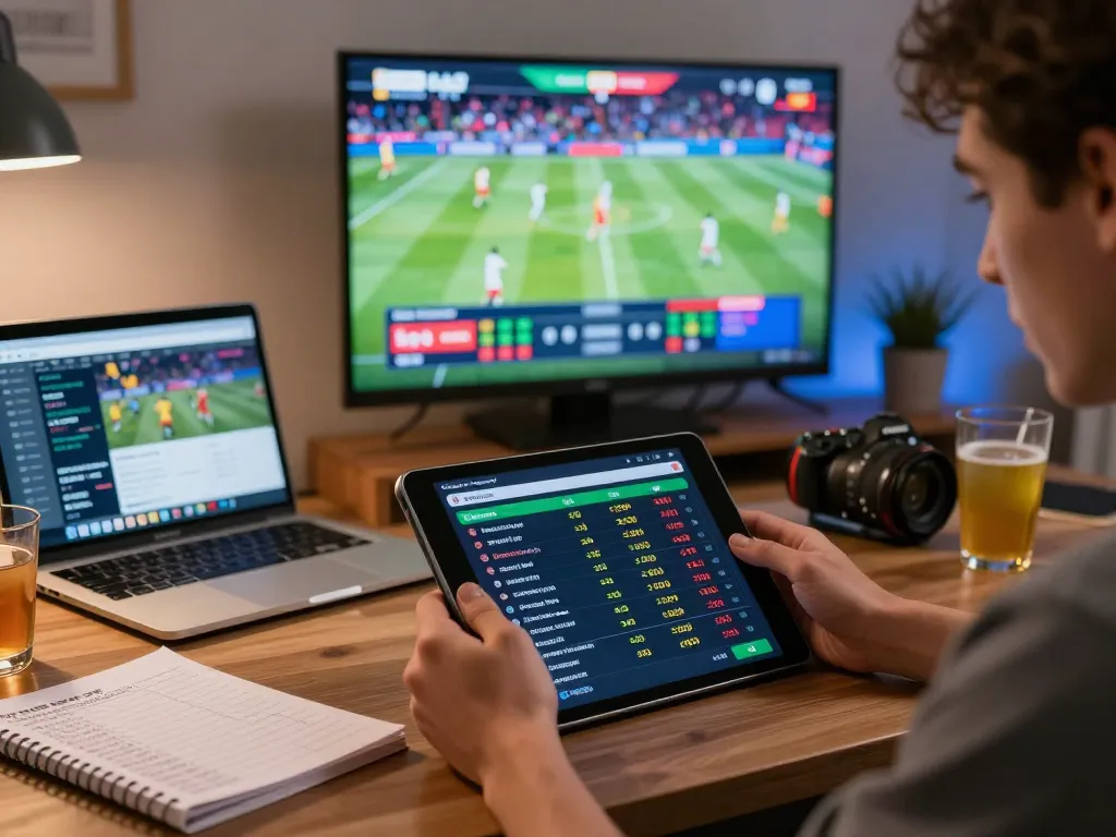 Betting on exciting sports events with 88xeng at a stylish home setup, showcasing real-time odds and strategy notes.