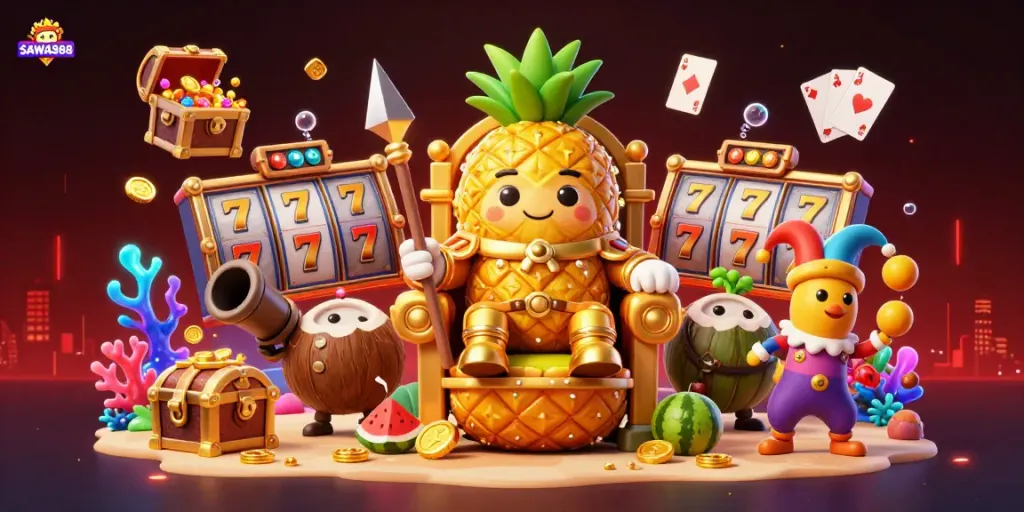 Engage in thrilling gaming experiences at SAWA888 with vibrant casino elements in a colorful 3D scene.