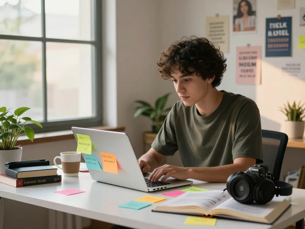 Content creator researching NSFW topics in vibrant home office