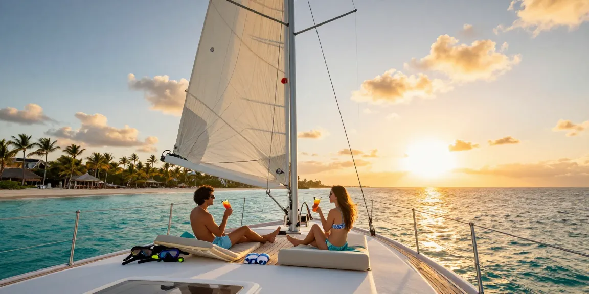 A couple enjoying a sunset yacht charter in Punta Cana, sipping cocktails on a luxurious boat surrounded by turquoise waters and palm trees.