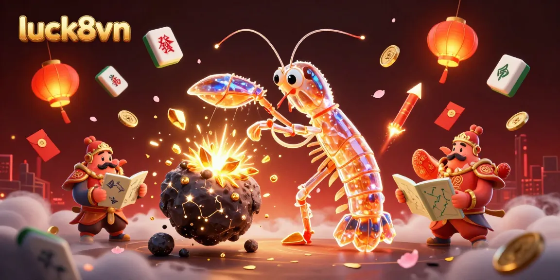 Luck8vn brings excitement as a galactic samurai shrimp punches through an asteroid, showering gems in a vibrant casino atmosphere.