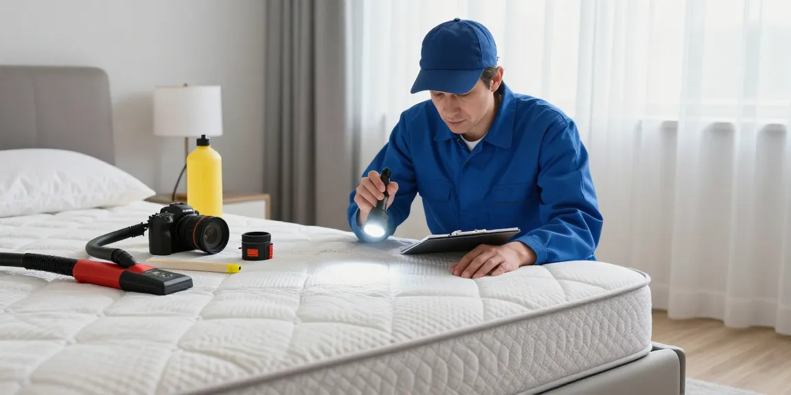 Bed bug exterminator inspecting mattress seams in a bright bedroom.