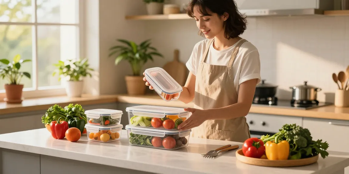 Organizing food storage containers with lids in a bright kitchen showcasing fresh ingredients and meal prep.