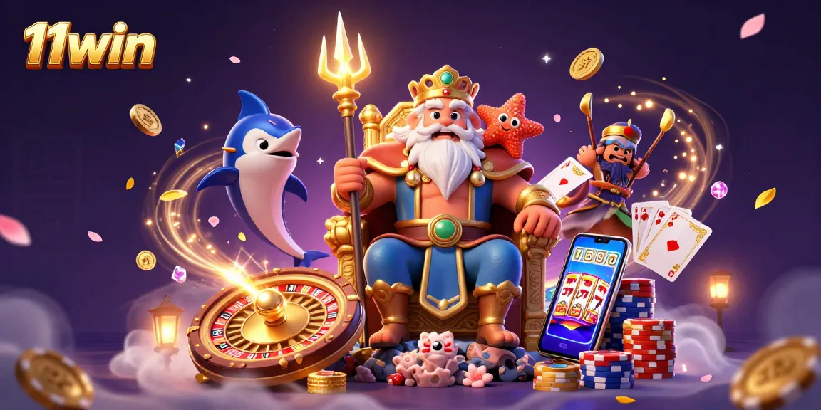 Experience the thrill of 11win with Neptune amidst dazzling casino elements in this vibrant scene.