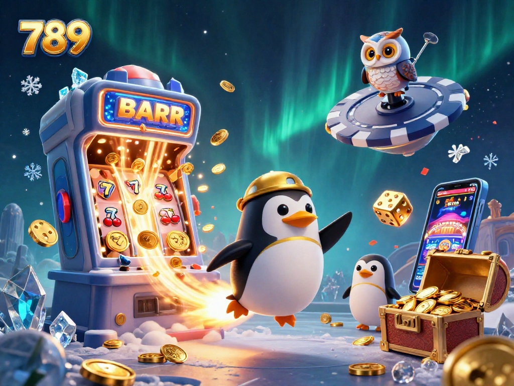 Experience the thrilling world of 789 casino games with a captivating 3D illustration of a golden penguin and jackpot!
