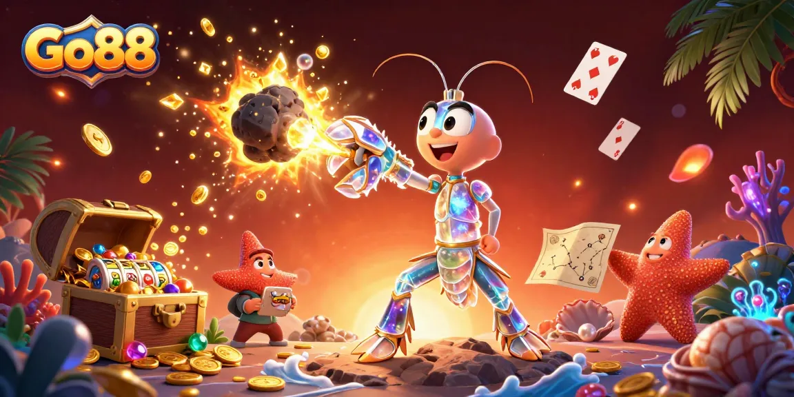 Engage with Go88's thrilling gaming universe, featuring a galactic shrimp and treasure in a vibrant illustration.