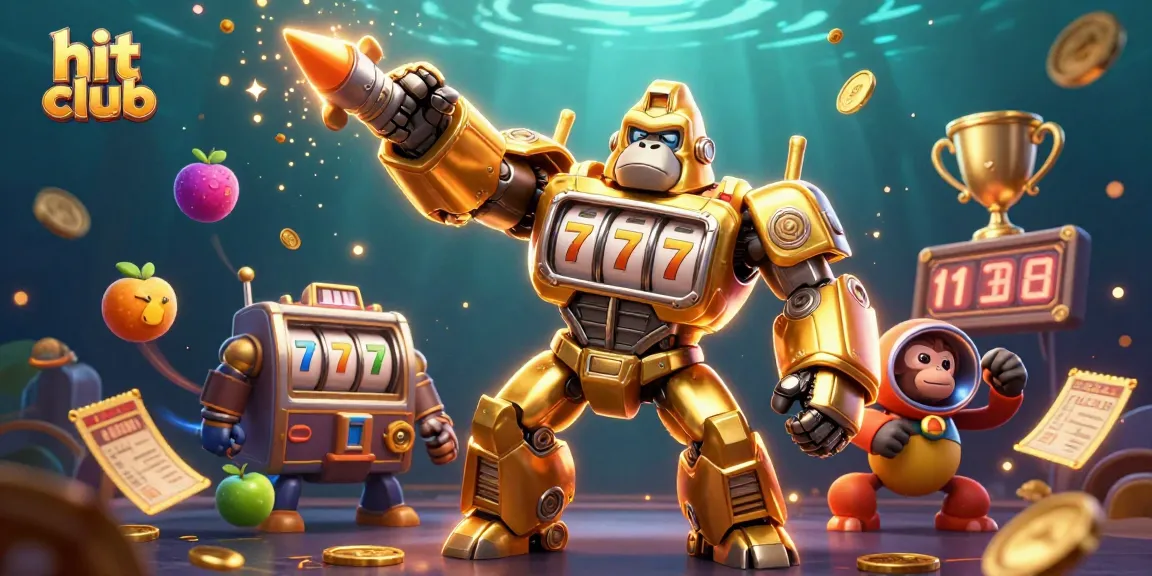 Hit club theme showcasing a dynamic golden gorilla mech and vibrant slot game elements for immersive fun.