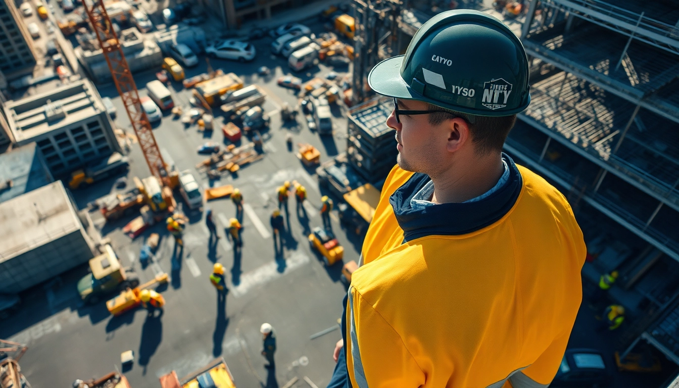 New York City Construction Manager supervising a vibrant, busy construction site.