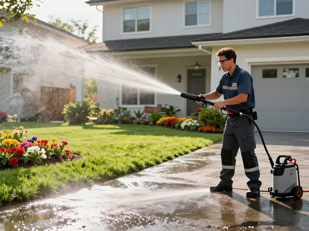 Pressure washing services Atlanta with a professional cleaning driveway and house exterior.
