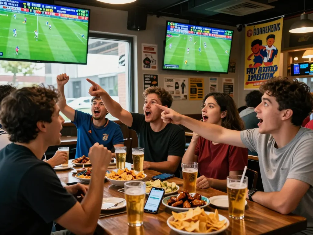 Group of friends enjoying kèo bóng đá hôm nay in a vibrant sports bar during match day.