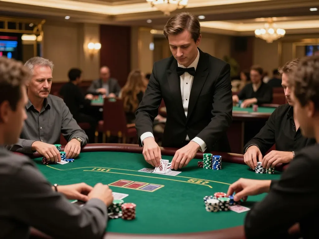 Engaging poker game action at https://vipwin79.net/ featuring players and dealer in a luxurious casino atmosphere.