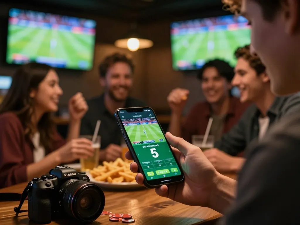 Tỷ lệ kèo nhà cái 5 featured on mobile app during an exciting sports betting moment at a lively bar
