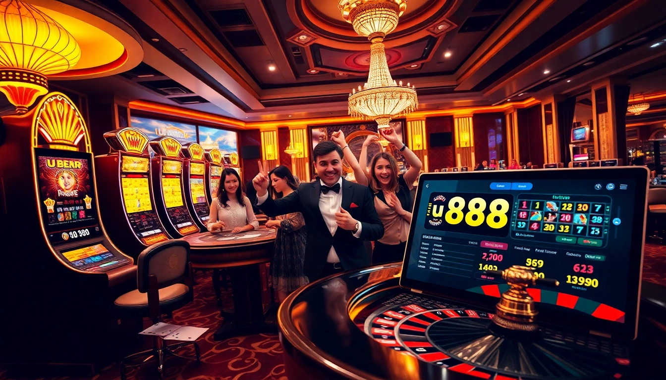 Excited players engaging in U 888 casino games featuring luxury tables and vibrant slot machines.