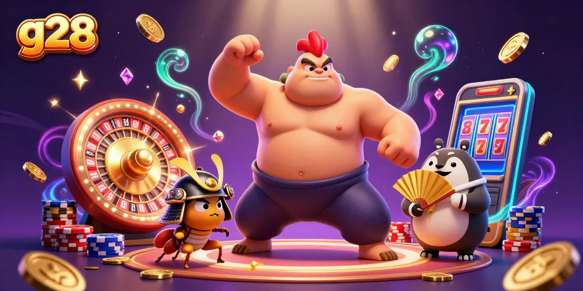 Experience thrilling gameplay with g28's vibrant 3D casino illustration featuring exciting characters and gem-filled action.