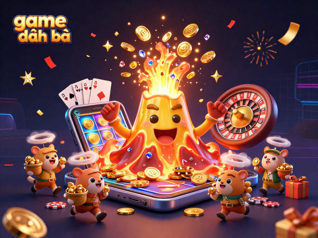 Experience the thrill of game đánh bài with a vibrant 3D casino illustration featuring an erupting volcano of treasures.