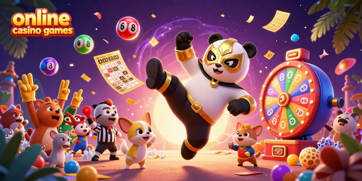 Experience thrilling online casino games featuring a panda wrestler and a referee, surrounded by vibrant gaming elements.