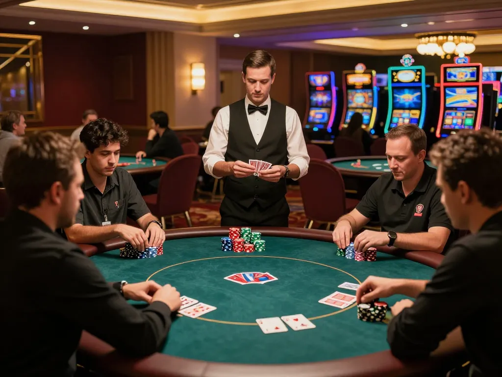 Players at LC88 win engaged in a poker game at an elegant casino, showcasing intense focus and strategy.