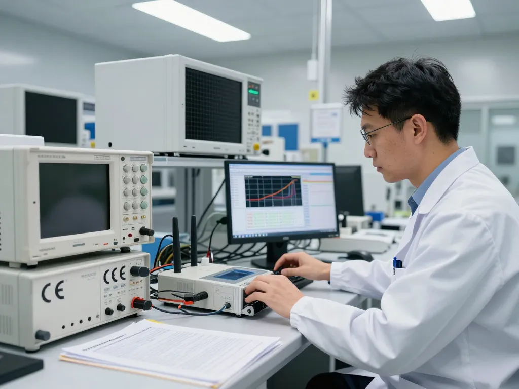 CE marking compliance test in advanced EMC laboratory with certified engineer conducting tests on a wireless device.