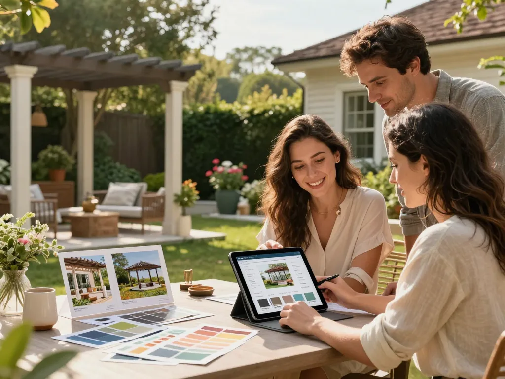 Designing a dream outdoor space with a custom pergola configurator in a lush garden.